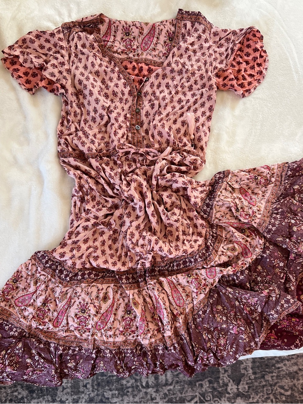 Boho Pink Paisley Tiered Maxi Dress Reversible